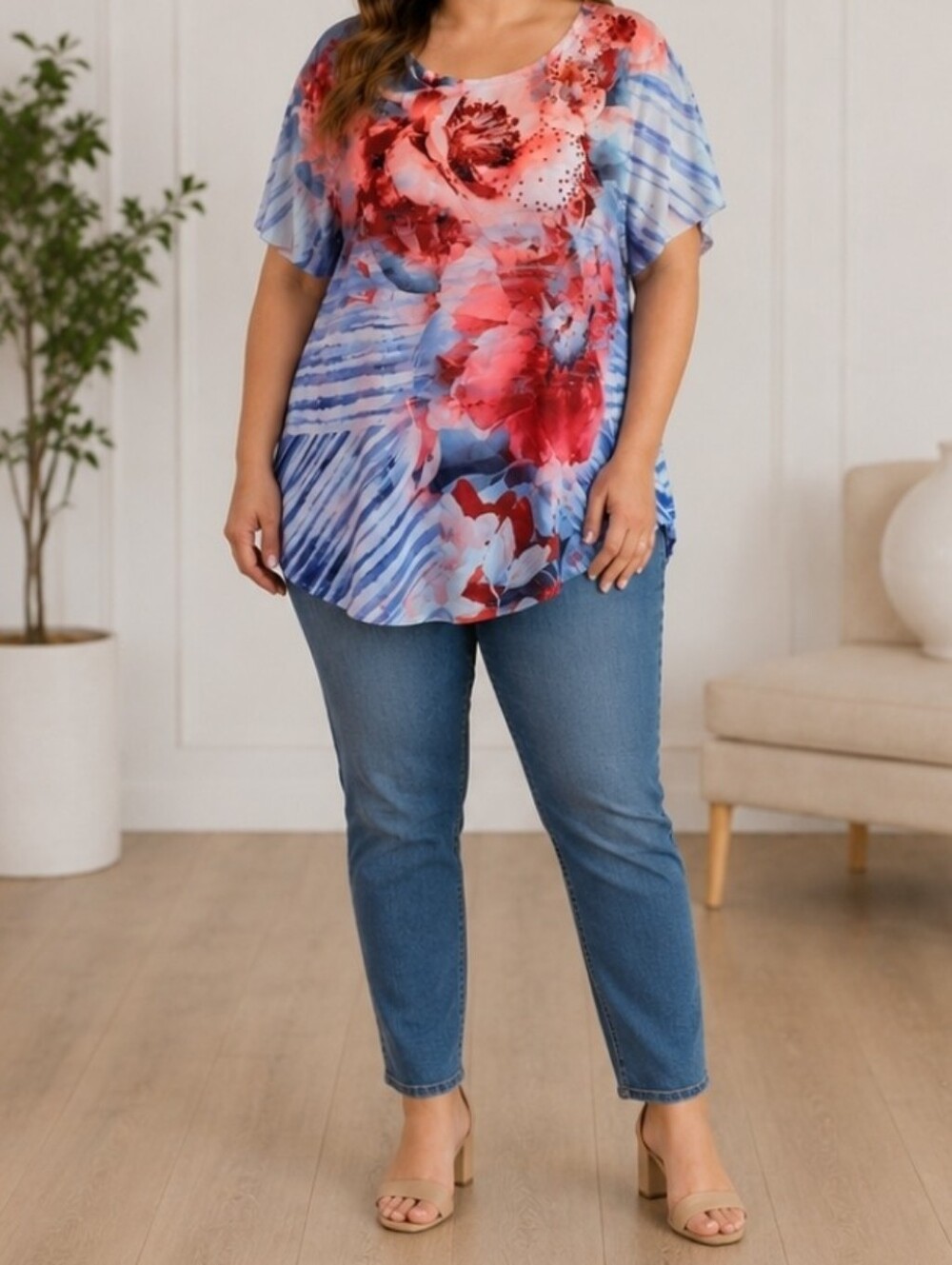 Style & Co Floral Rhinestone Accent Stretch Top Blue Red Plus Size 1X Boho